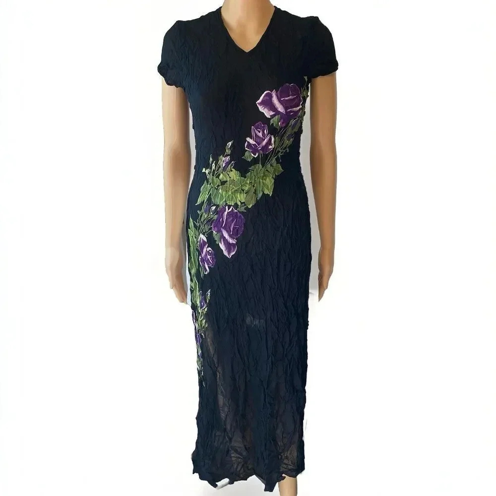 VTG 90s-Y2K American Angel Mid Dress Mesh Crinkle Black Goth Multi Floral Split